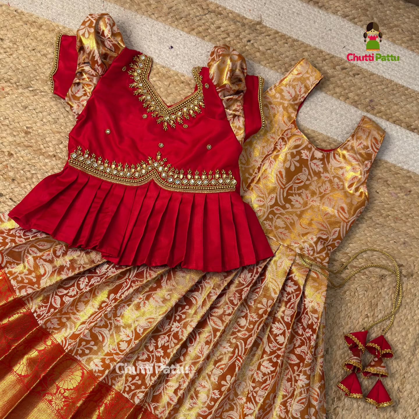 Golden Red Premium Aari Work Peplum Pattu Pavadai | CPM_0374