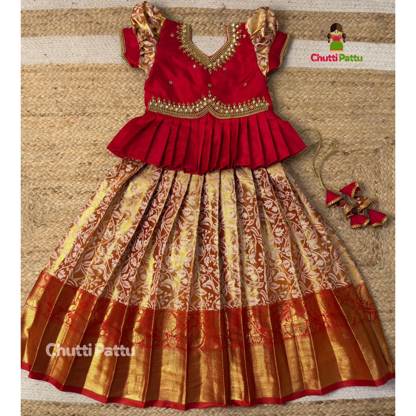 Golden Red Premium Aari Work Peplum Pattu Pavadai | CPM_0374