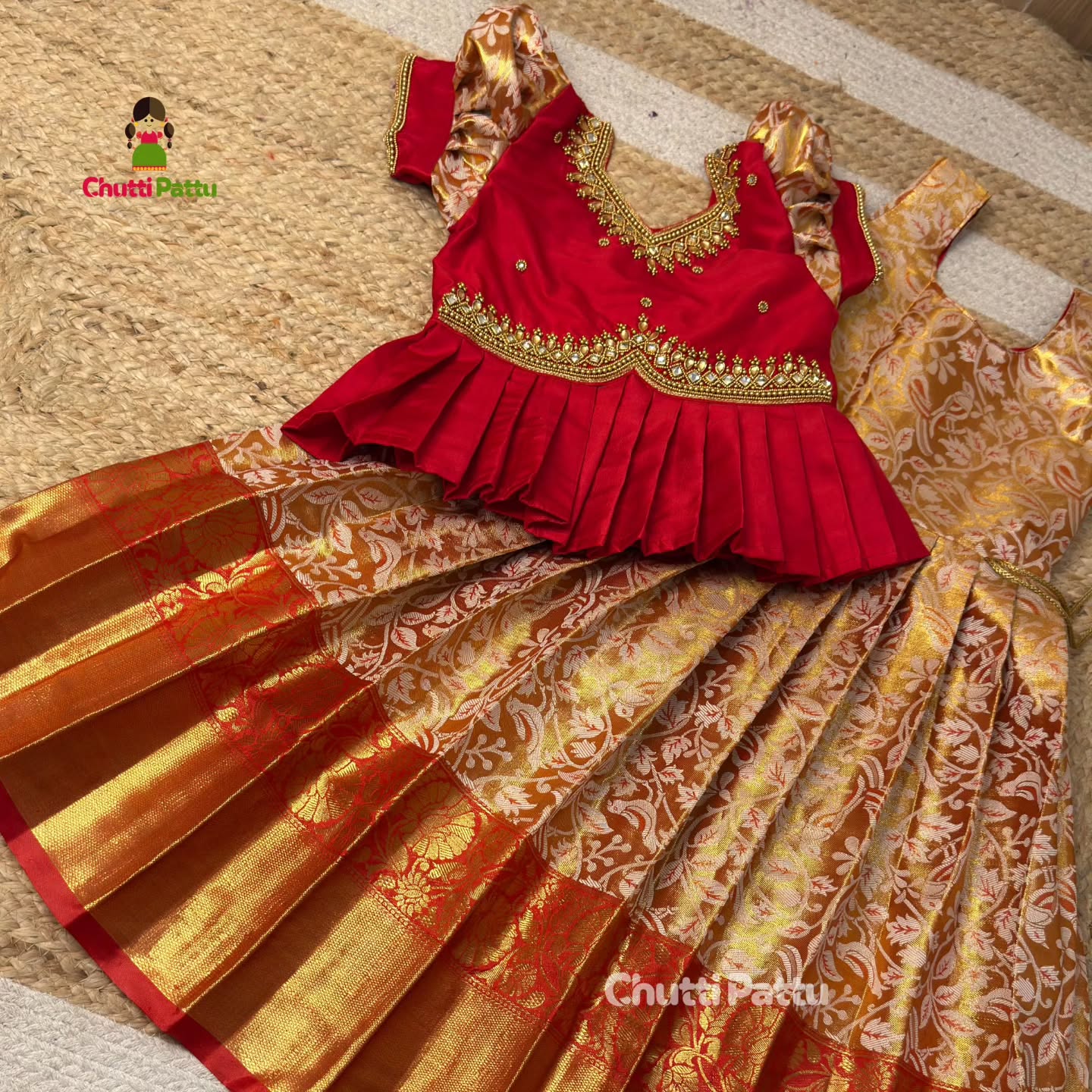 Golden Red Premium Aari Work Peplum Pattu Pavadai | CPM_0374