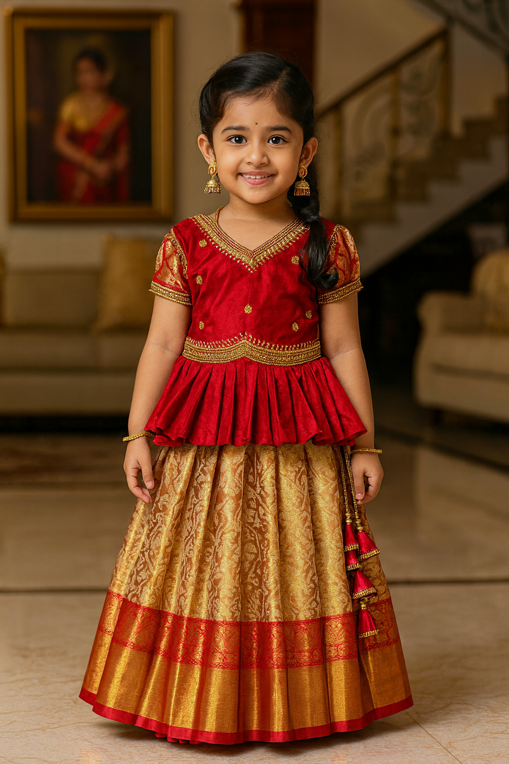Golden Red Premium Aari Work Peplum Pattu Pavadai | CPM_0374