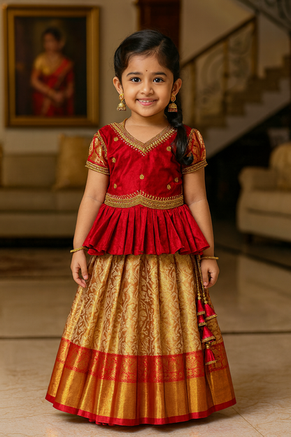 Golden Red Premium Aari Work Peplum Pattu Pavadai | CPM_0374