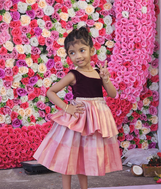 Wine & Pink Double-Layer One-Shoulder Frock | CPM_0376