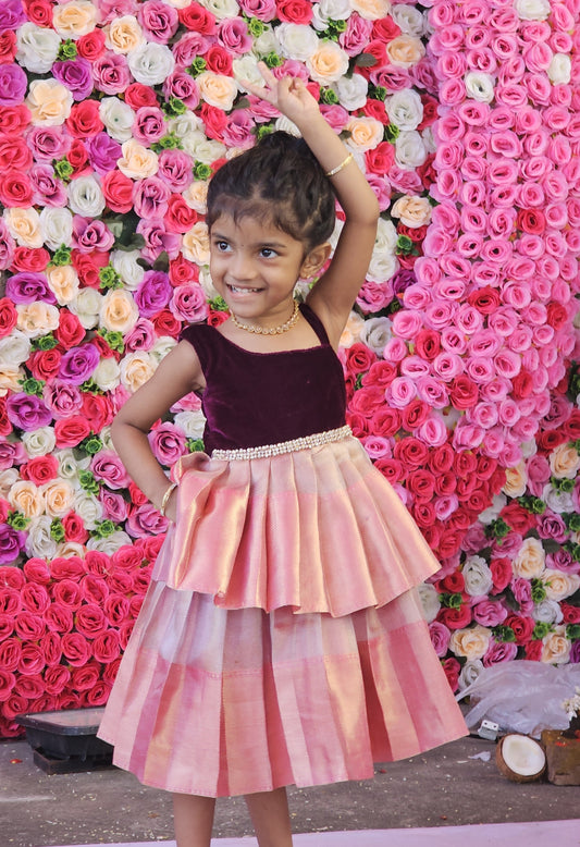 Wine & Pink Double-Layer One-Shoulder Frock | CPM_0376