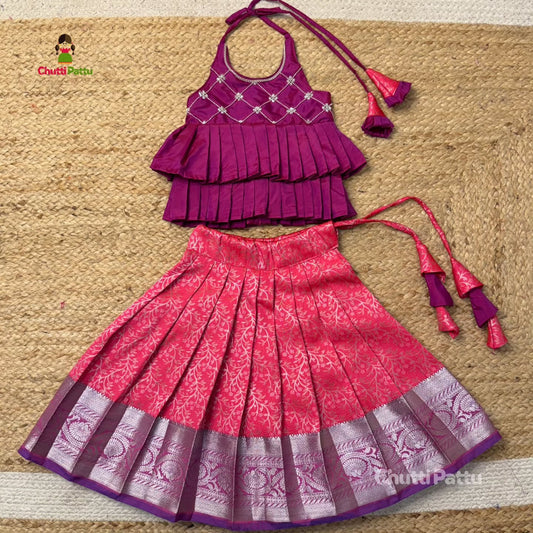 Royal Pink & Purple Kanchi Silk Halter Neck Frock | CPM_0377