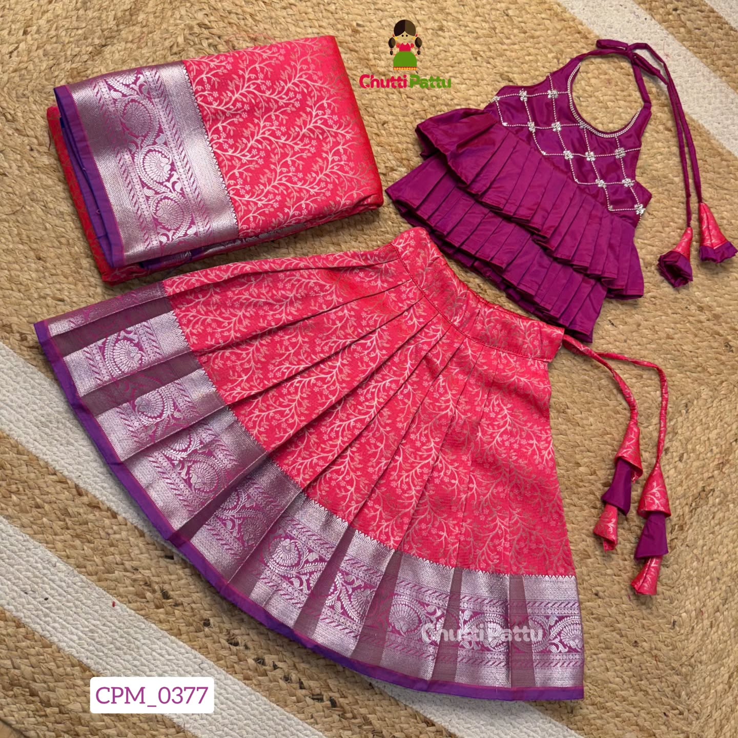 Royal Pink & Purple Kanchi Silk Halter Neck Frock | CPM_0377