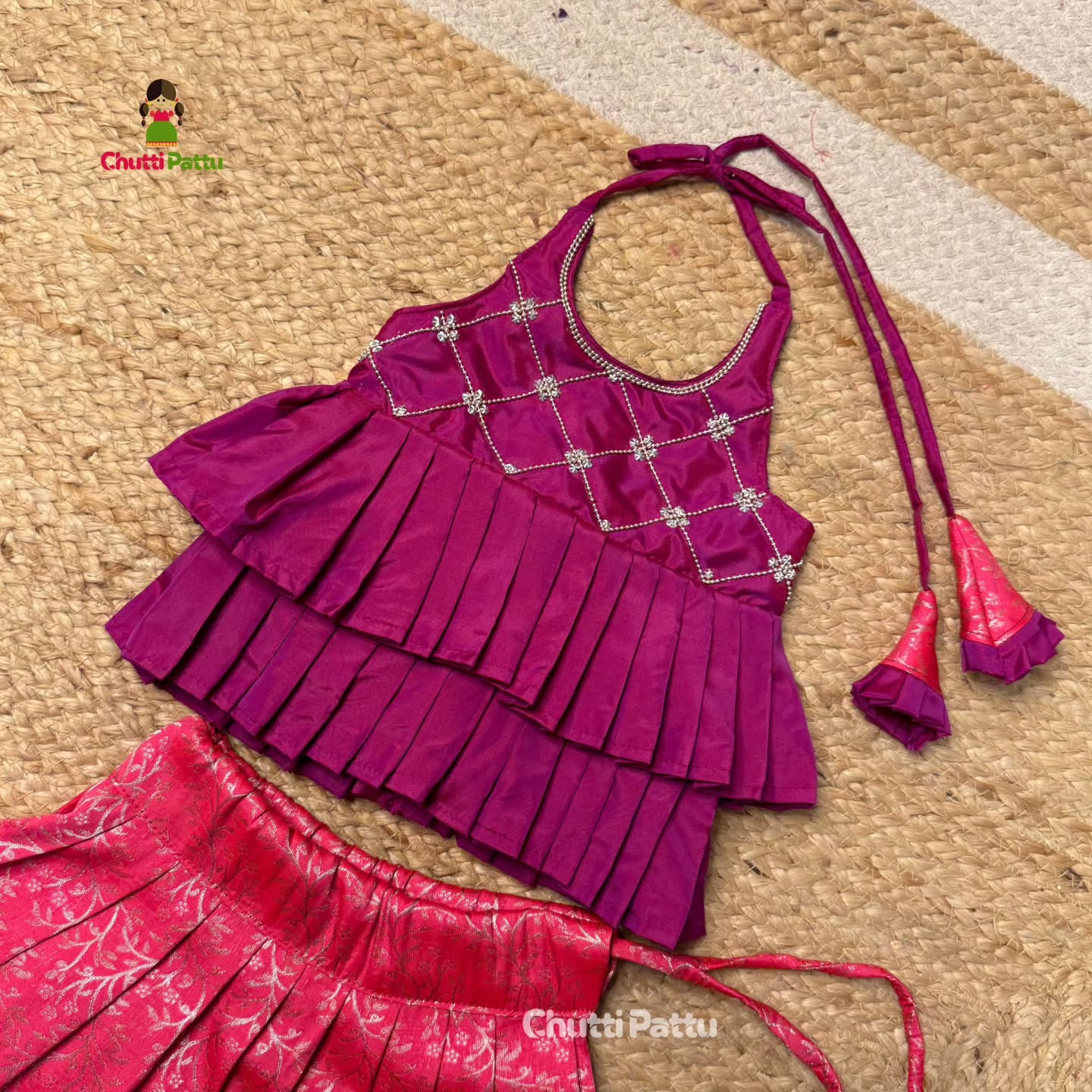 Royal Pink & Purple Kanchi Silk Halter Neck Frock | CPM_0377