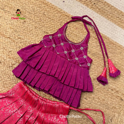 Royal Pink & Purple Kanchi Silk Halter Neck Frock | CPM_0377