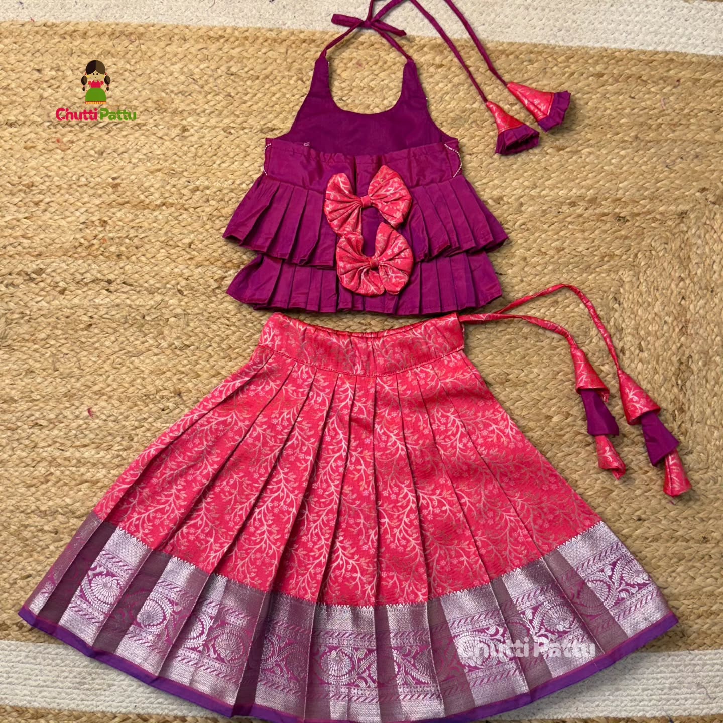 Royal Pink & Purple Kanchi Silk Halter Neck Frock | CPM_0377