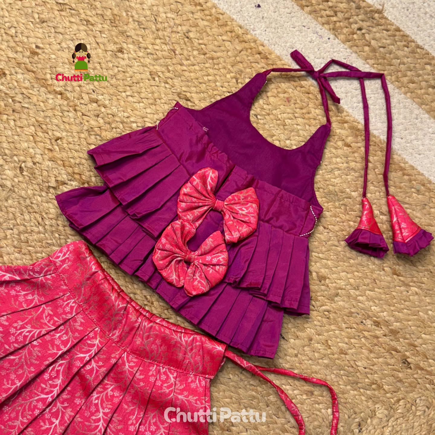 Royal Pink & Purple Kanchi Silk Halter Neck Frock | CPM_0377