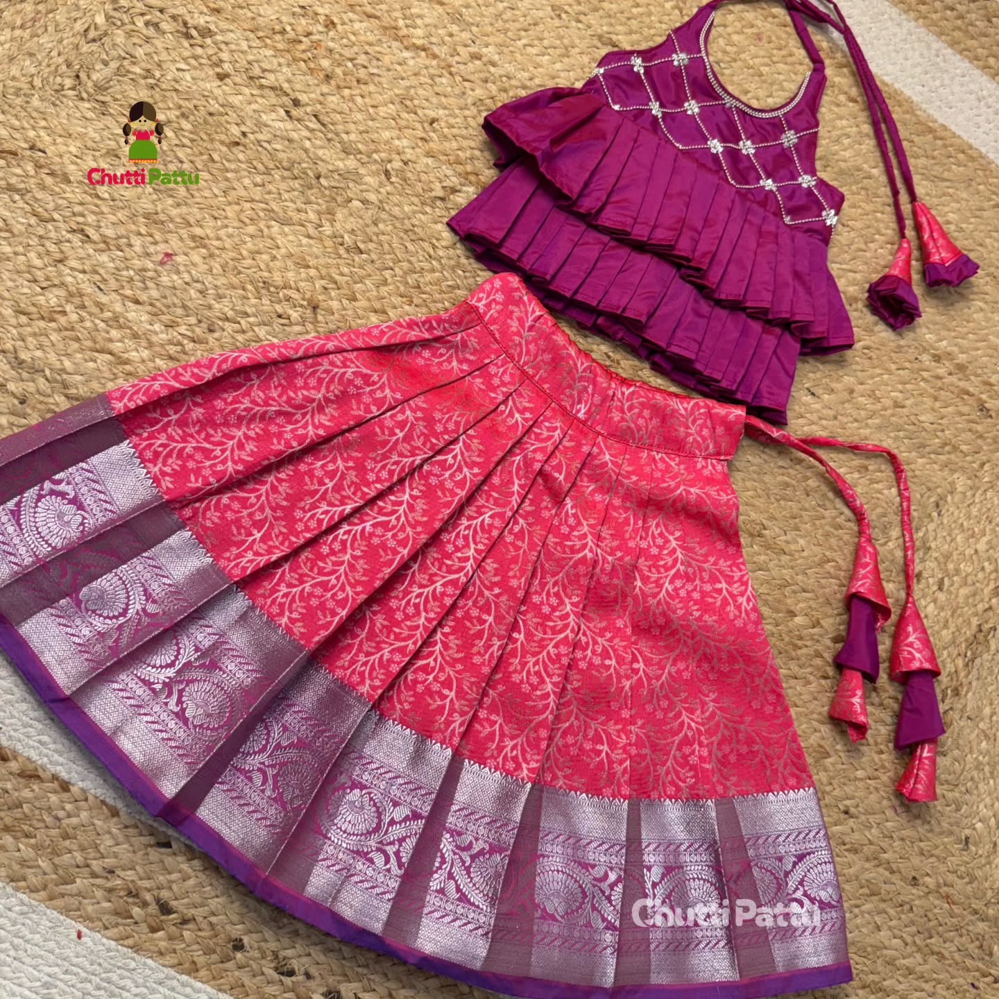 Royal Pink & Purple Kanchi Silk Halter Neck Frock | CPM_0377