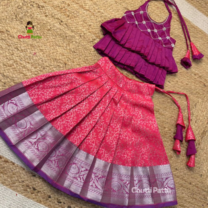 Royal Pink & Purple Kanchi Silk Halter Neck Frock | CPM_0377