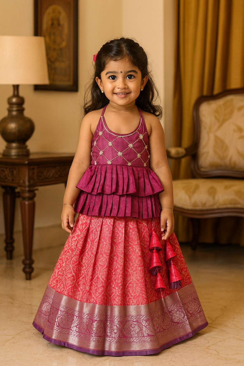 Royal Pink & Purple Kanchi Silk Halter Neck Frock | CPM_0377