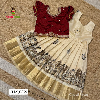 Majestic Off-White & Maroon Aari Pattu Pavadai | CPM_0379