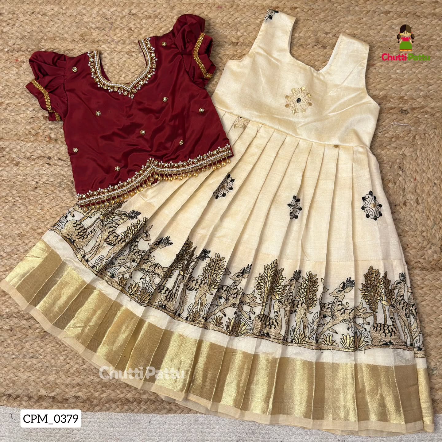 Majestic Off-White & Maroon Aari Pattu Pavadai | CPM_0379