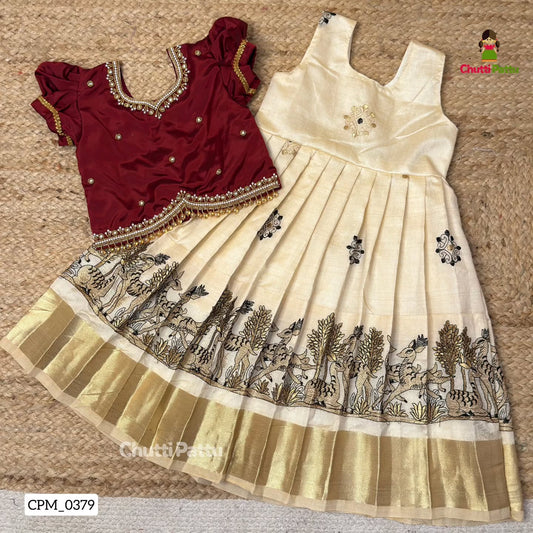 Majestic Off-White & Maroon Aari Pattu Pavadai | CPM_0379