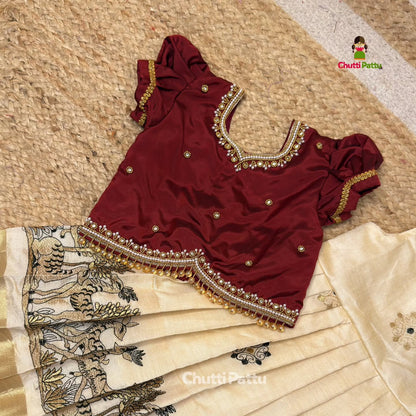 Majestic Off-White & Maroon Aari Pattu Pavadai | CPM_0379