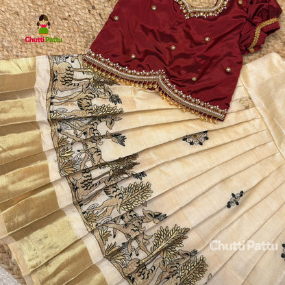 Majestic Off-White & Maroon Aari Pattu Pavadai | CPM_0379