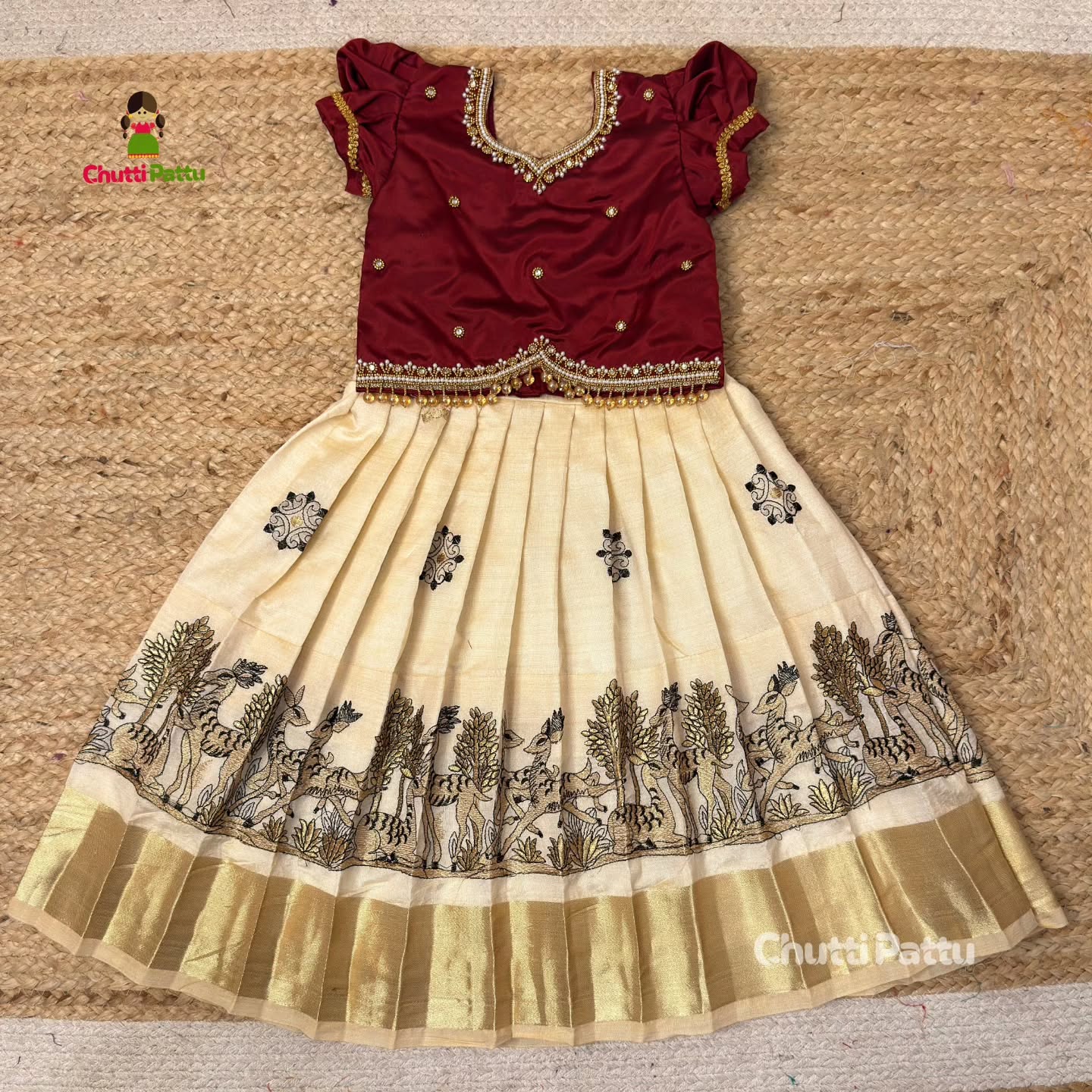 Majestic Off-White & Maroon Aari Pattu Pavadai | CPM_0379