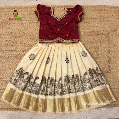 Majestic Off-White & Maroon Aari Pattu Pavadai | CPM_0379