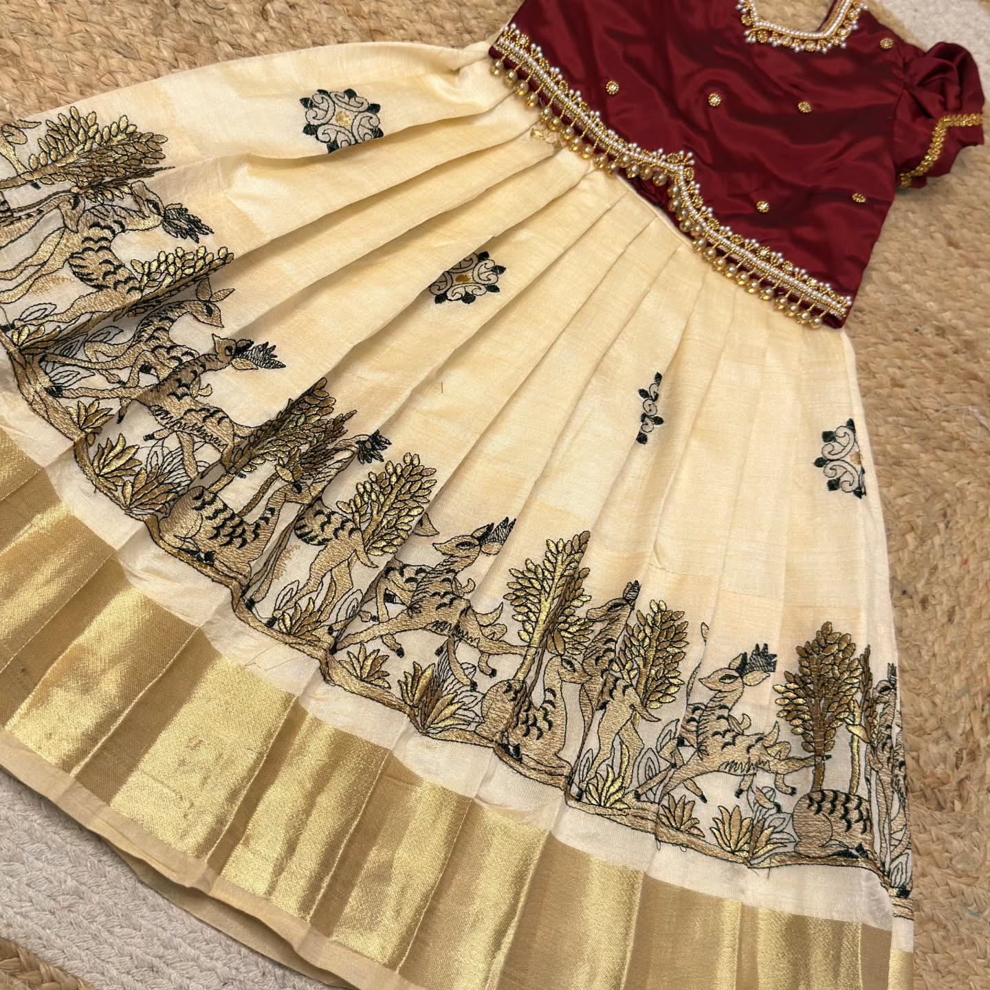 Majestic Off-White & Maroon Aari Pattu Pavadai | CPM_0379