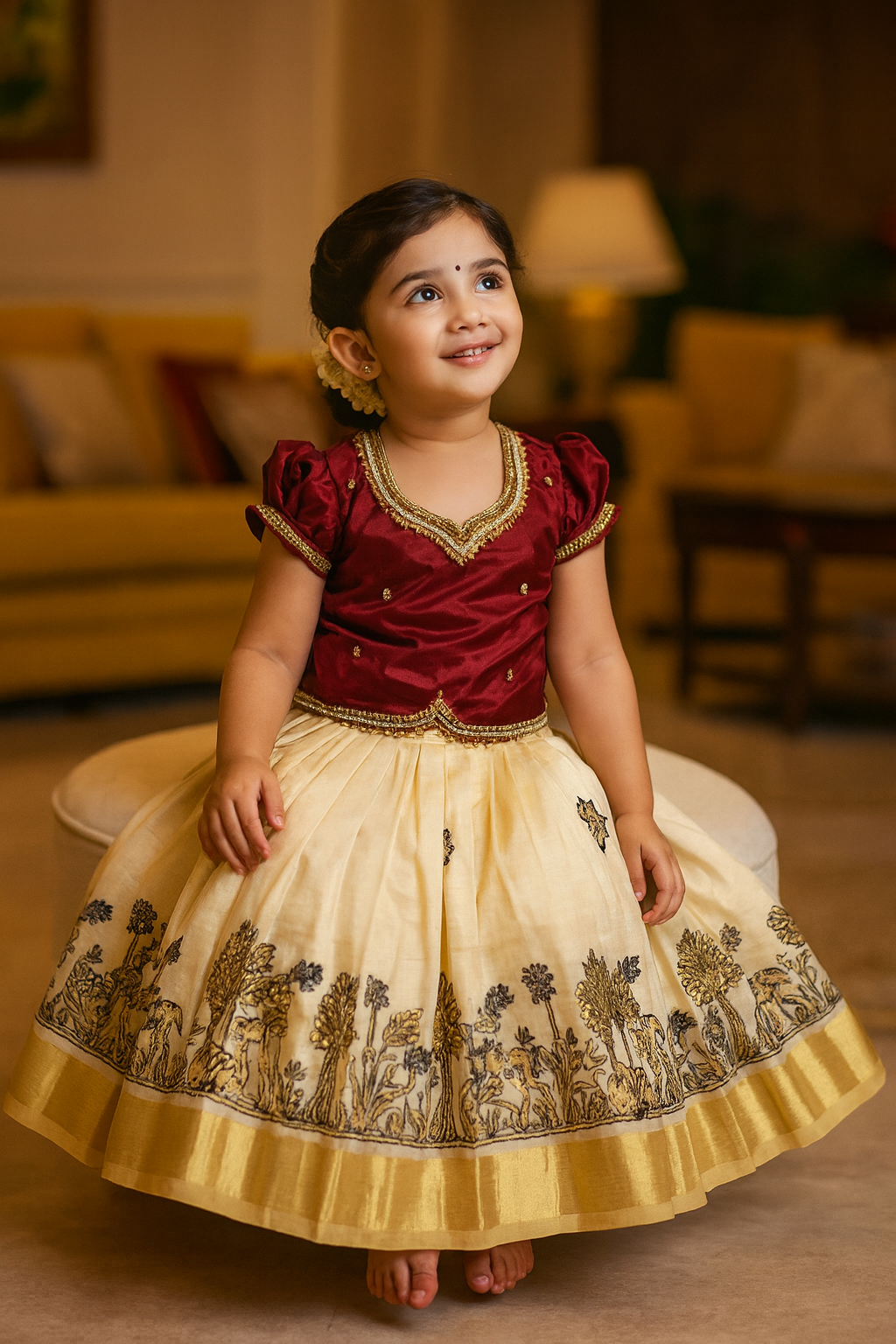 Majestic Off-White & Maroon Aari Pattu Pavadai | CPM_0379