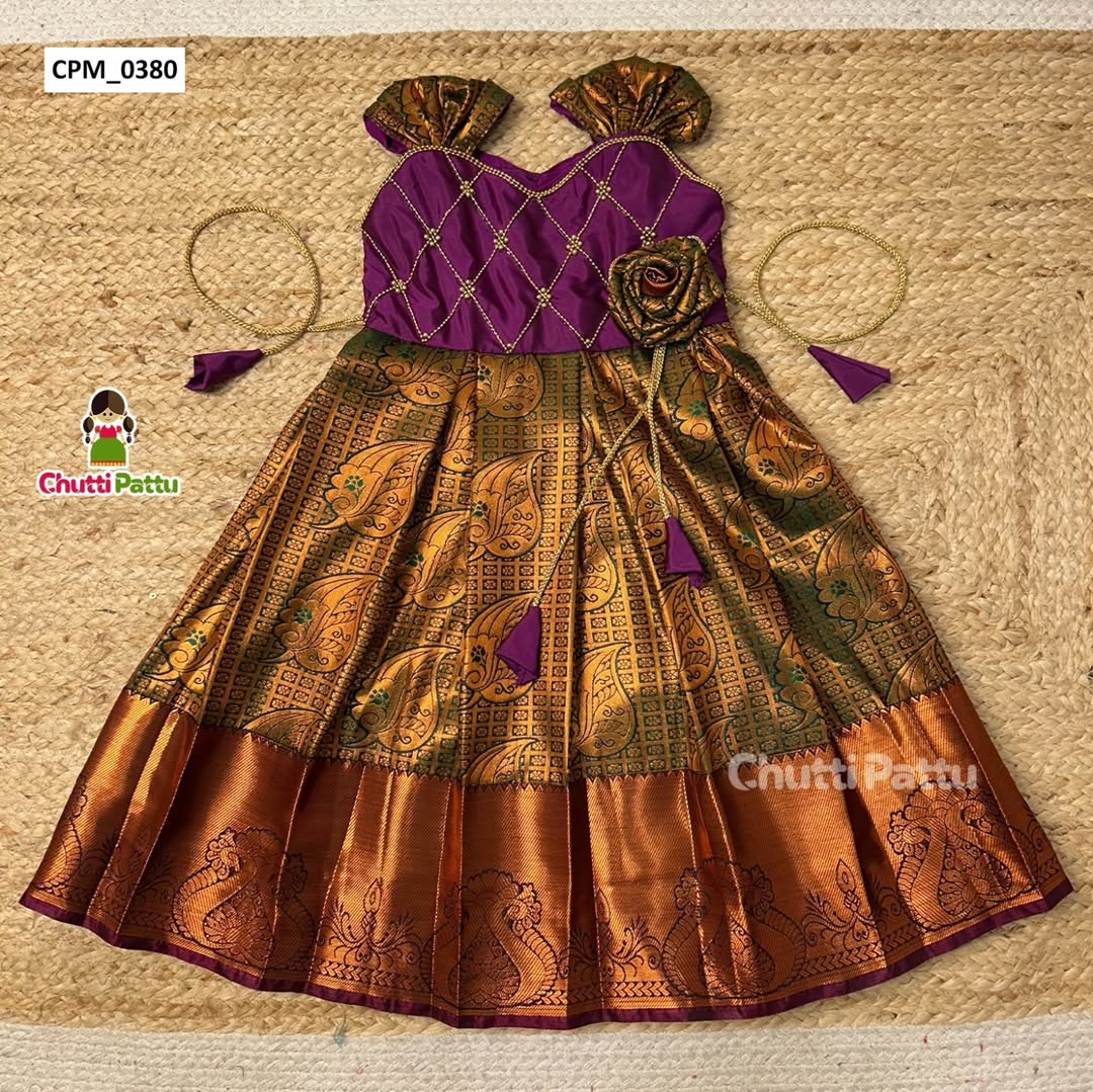 Copper Green and Purple Sleeveless Rose Frock | CPM_0380