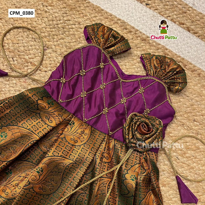 Copper Green and Purple Sleeveless Rose Frock | CPM_0380