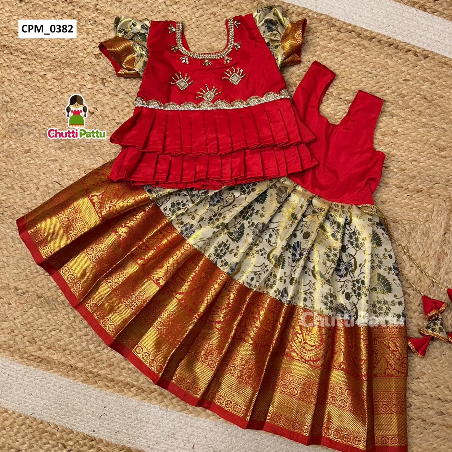 Off-White & Red Double Layer Peplum Pattu Pavadai | CPM_0382