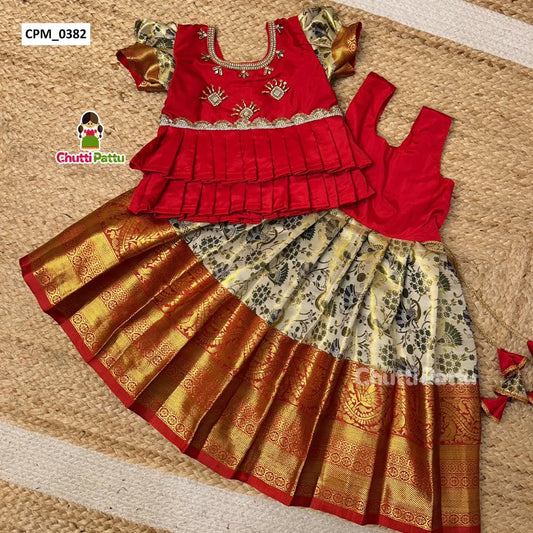 Off-White & Red Double Layer Peplum Pattu Pavadai | CPM_0382