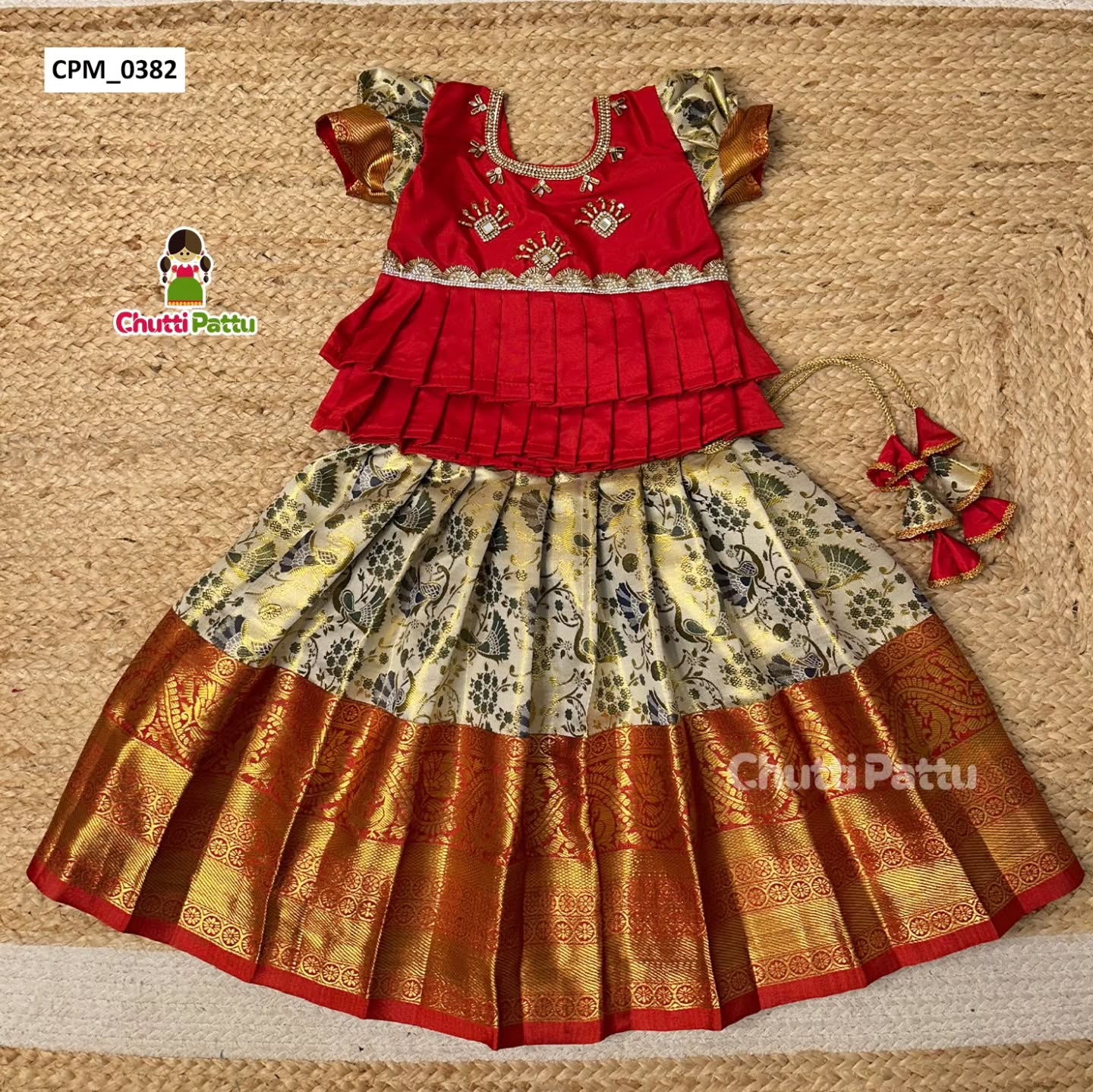 Off-White & Red Double Layer Peplum Pattu Pavadai | CPM_0382