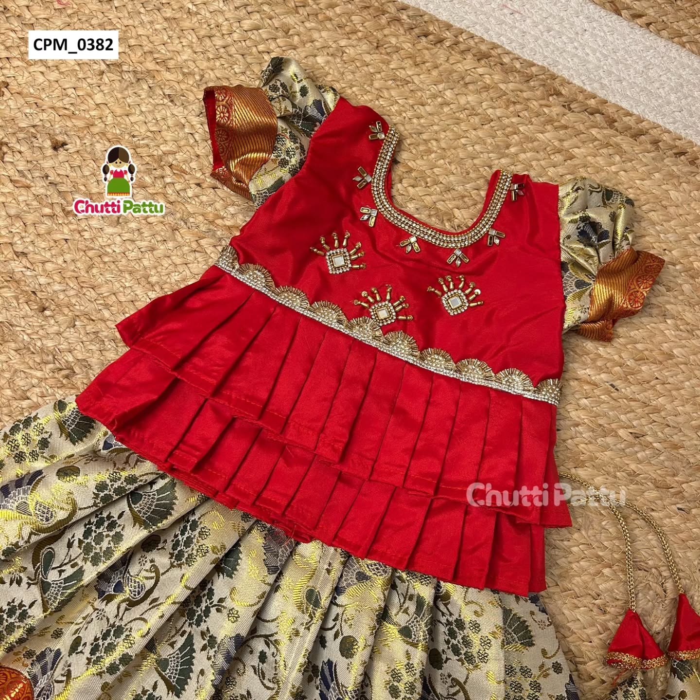 Off-White & Red Double Layer Peplum Pattu Pavadai | CPM_0382