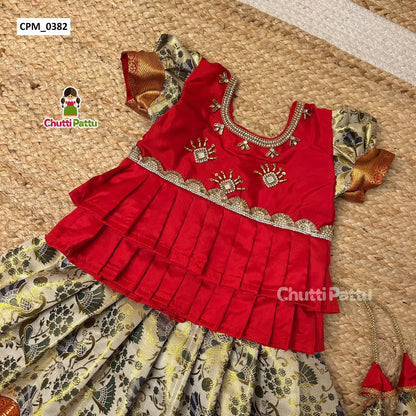 Off-White & Red Double Layer Peplum Pattu Pavadai | CPM_0382