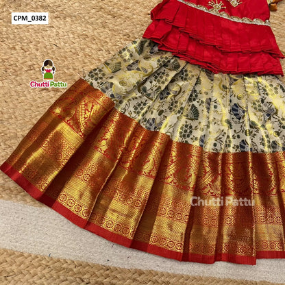 Off-White & Red Double Layer Peplum Pattu Pavadai | CPM_0382