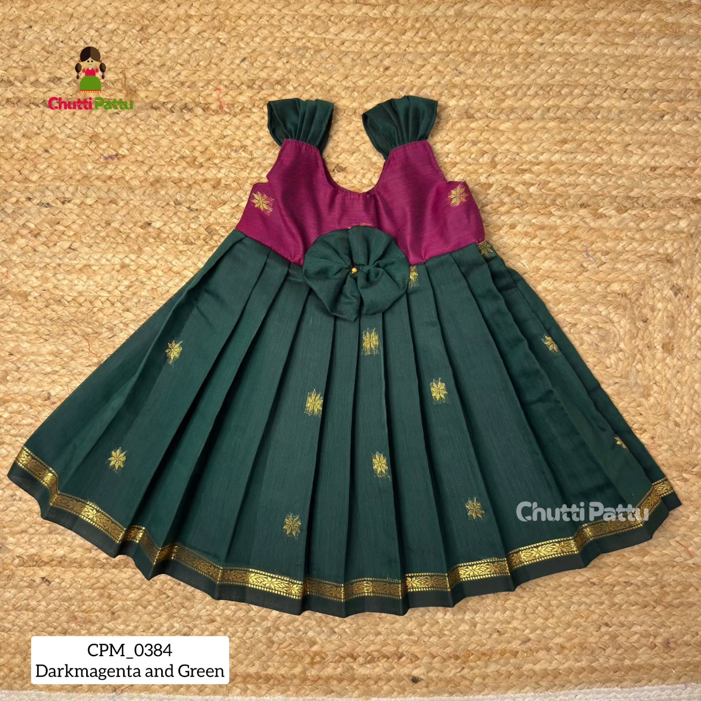 Dark Magenta and Green Blue Silk Cotton Budget Frock | CPM_0384_GM