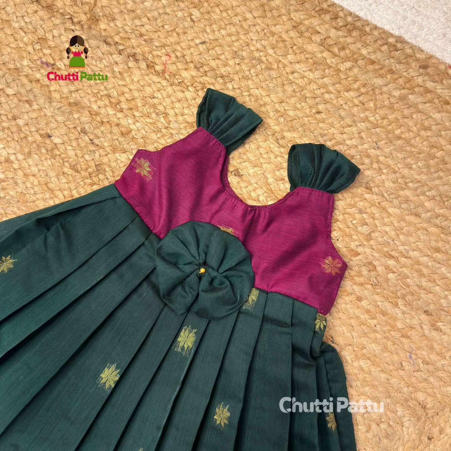Dark Magenta and Green Blue Silk Cotton Budget Frock | CPM_0384_GM