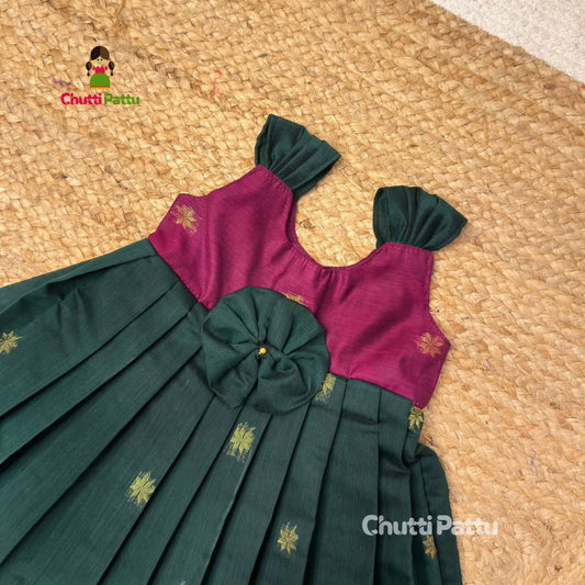 Dark Magenta and Green Blue Silk Cotton Budget Frock | CPM_0384_GM