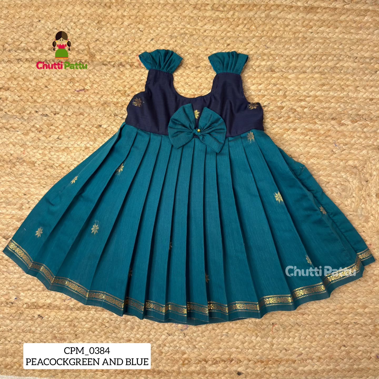Peacock Green and Blue Silk Cotton Budget Frock | CPM_0384_PG-B