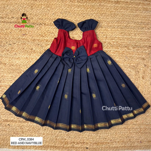 Red and Navy Blue Silk Cotton Budget Frock | CPM_0384_RB