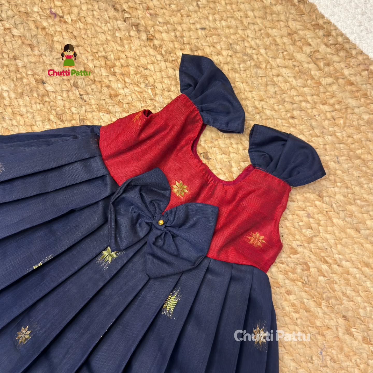 Red and Navy Blue Silk Cotton Budget Frock | CPM_0384_RB