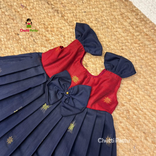 Red and Navy Blue Silk Cotton Budget Frock | CPM_0384_RB
