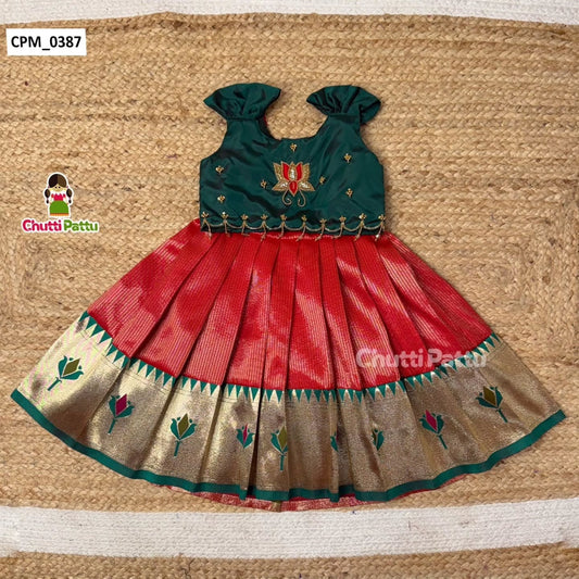 Thamara – Red & Green Kanchi Tissue Silk Aari Pattu Pavadai | CPM_0387