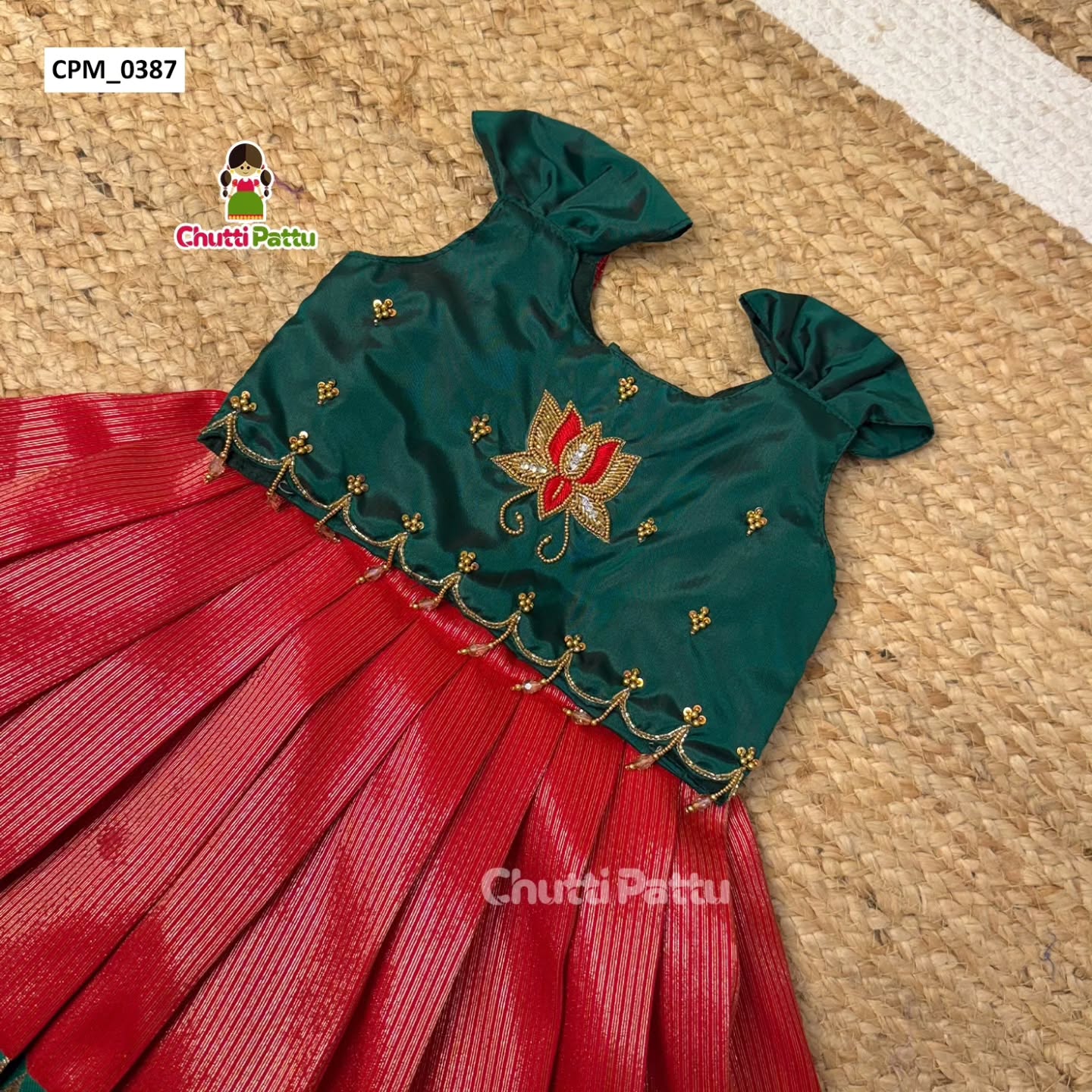 Thamara – Red & Green Kanchi Tissue Silk Aari Pattu Pavadai | CPM_0387