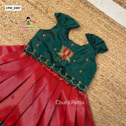 Thamara – Red & Green Kanchi Tissue Silk Aari Pattu Pavadai | CPM_0387