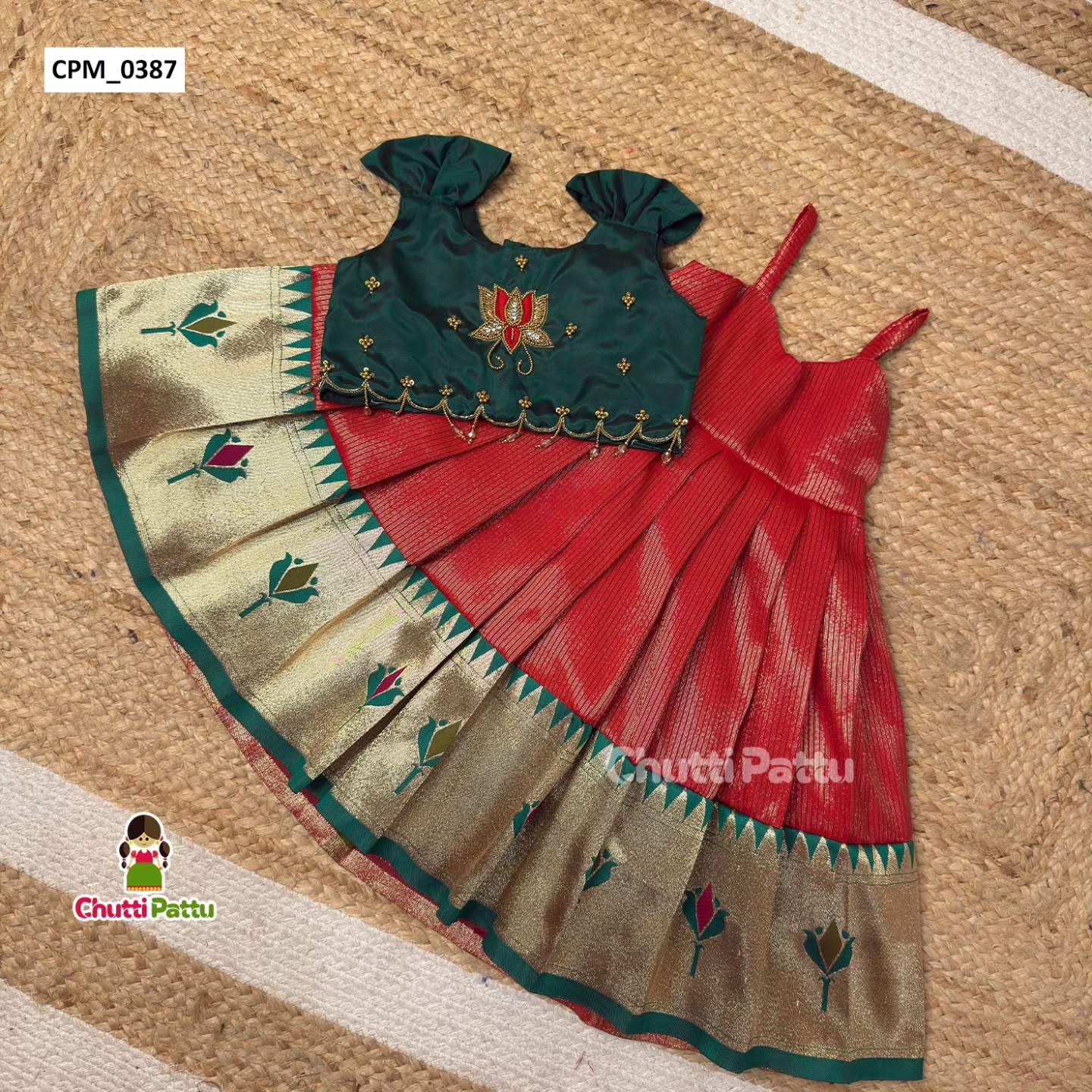 Thamara – Red & Green Kanchi Tissue Silk Aari Pattu Pavadai | CPM_0387