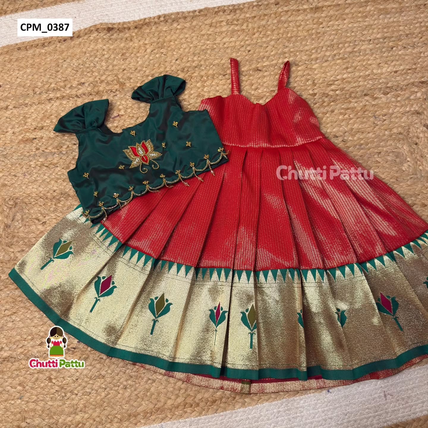 Thamara – Red & Green Kanchi Tissue Silk Aari Pattu Pavadai | CPM_0387