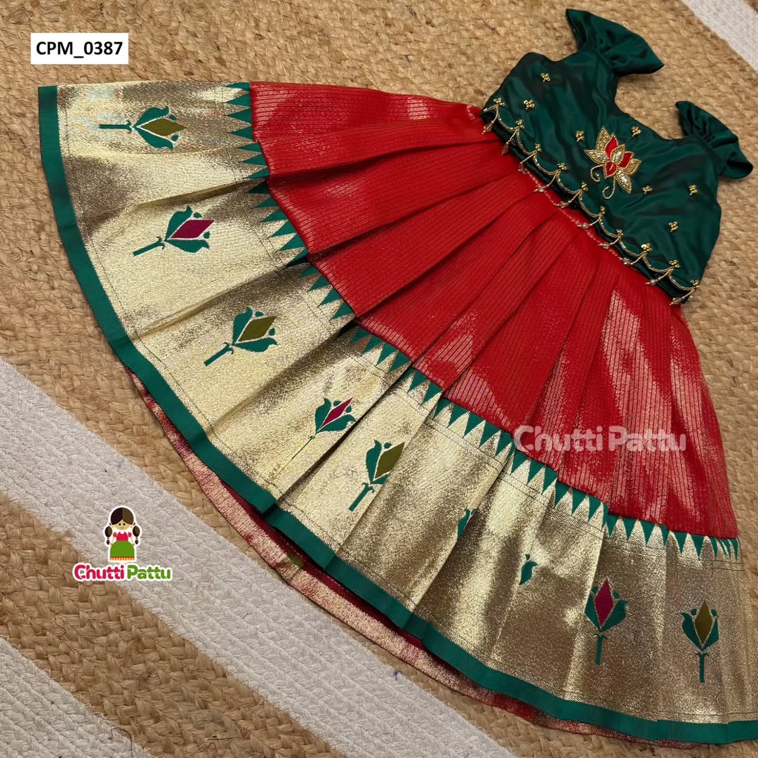 Thamara – Red & Green Kanchi Tissue Silk Aari Pattu Pavadai | CPM_0387