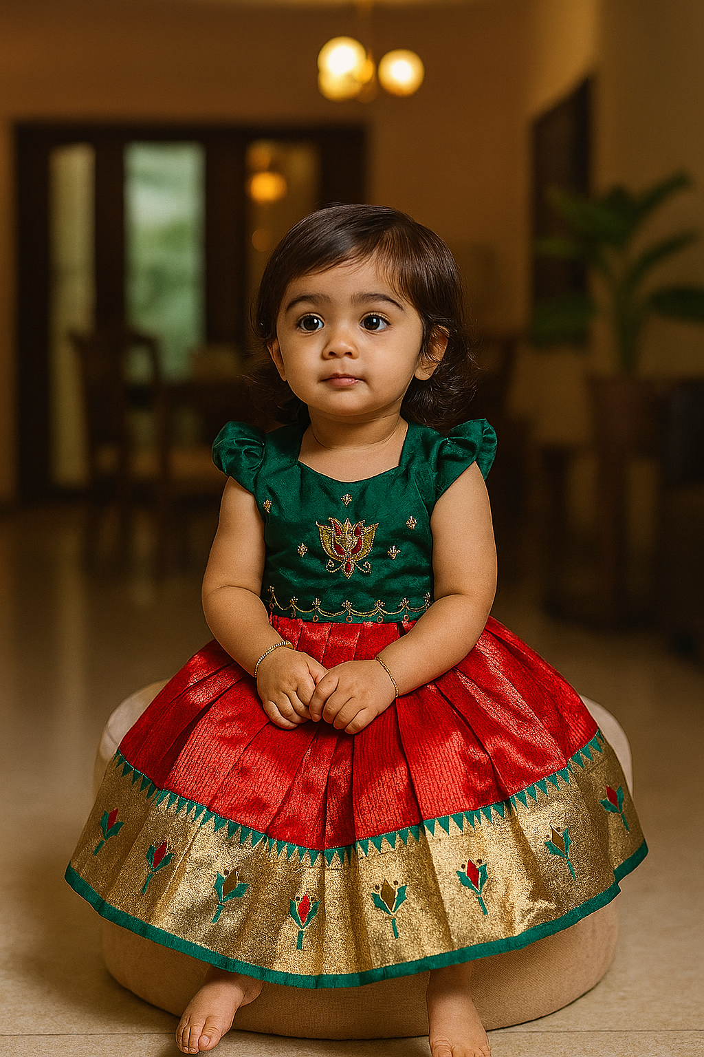 Thamara – Red & Green Kanchi Tissue Silk Aari Pattu Pavadai | CPM_0387