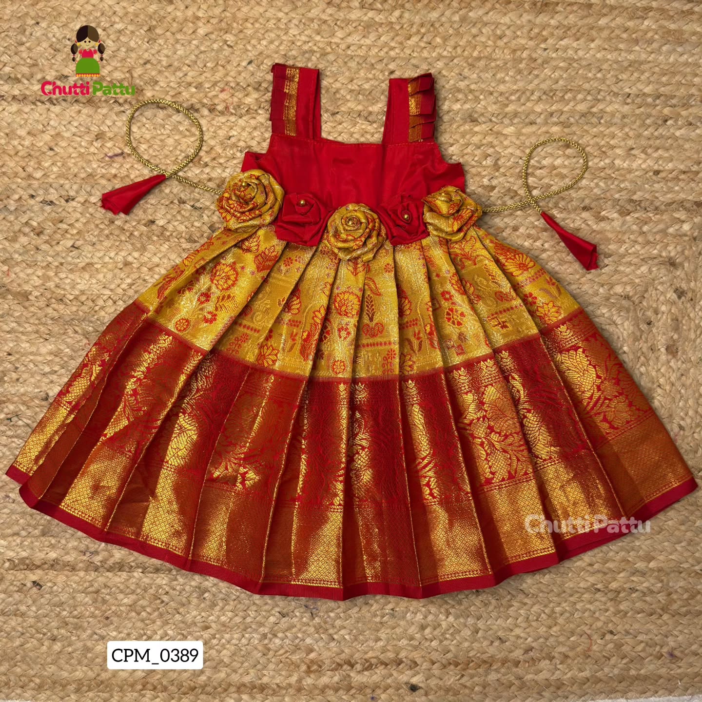 Yellow & Red Tissue Silk Rose Frock | CPM_0389