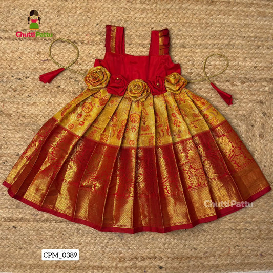Yellow & Red Tissue Silk Rose Frock | CPM_0389