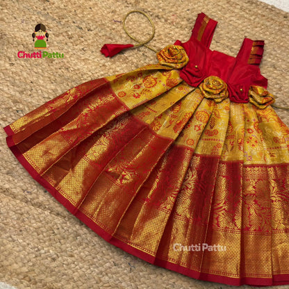 Yellow & Red Tissue Silk Rose Frock | CPM_0389